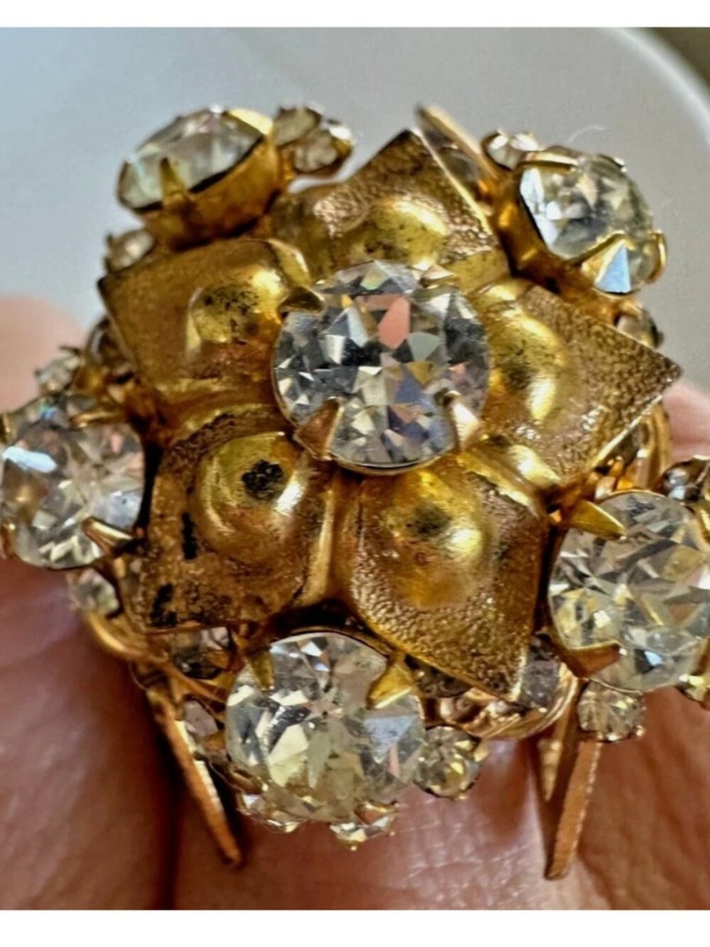 Vintage Signed Miriam Haskell Vermeil & Rhinestone Statement Cocktail Ring